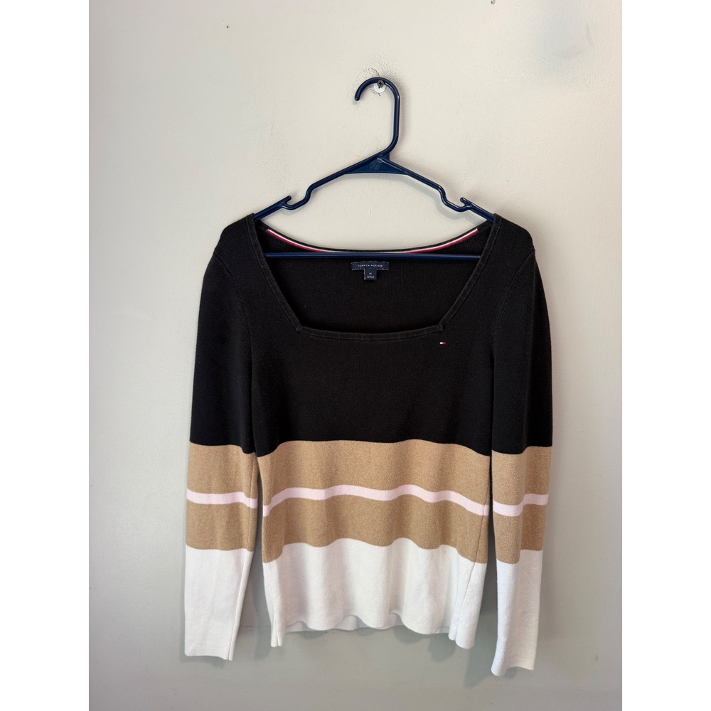Tommy Hilfiger Women Black Tan Pink Colorblock Square Neck Cotton Sweater M